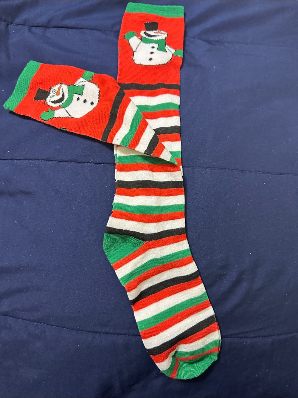 Festive Holiday Snowman Striped Knee-High Crew Socks – Red, Green & White